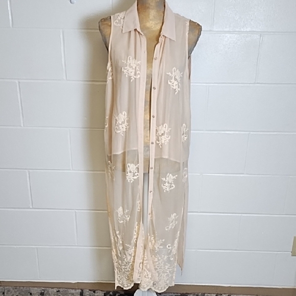 Pink Sheer Netting Embroidered Long Button Up Vest Shirt Side Slits - Picture 1 of 13